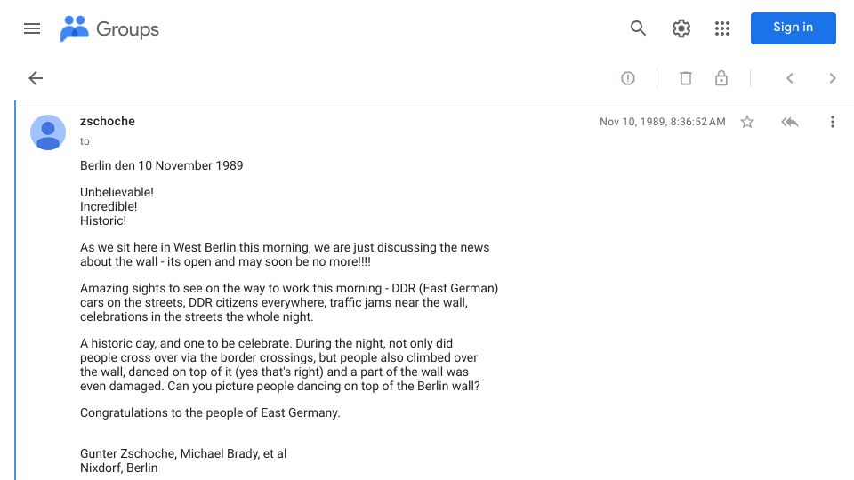 Screenshot of groups.google.com: Fall of the Berlin Wall on Usenet (1989)