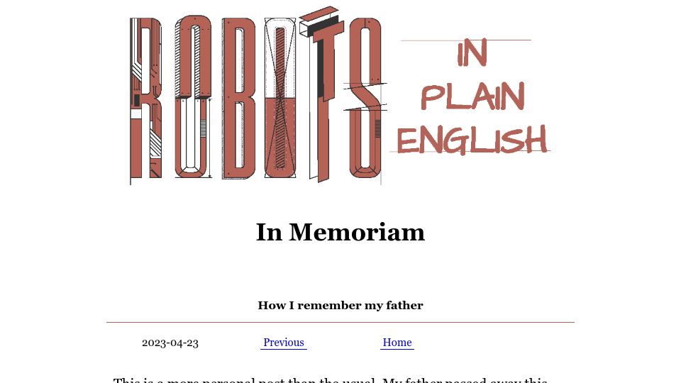 Screenshot of robotsinplainenglish.com: My dad built a cool thing but never boasted about it