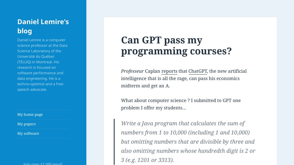 Screenshot of lemire.me: Can GPT pass my programming courses?