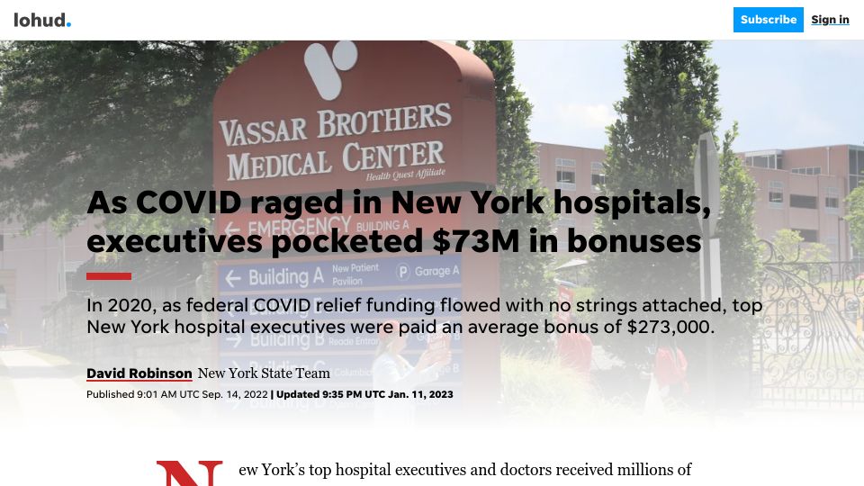 Screenshot of lohud.com: As COVID raged in New York hospitals, executives pocketed $73M in bonuses (2022)
