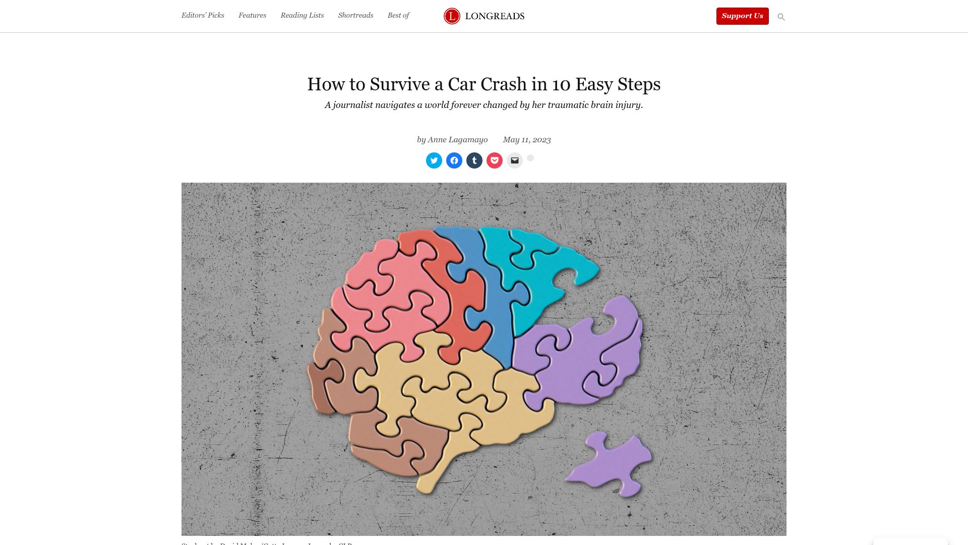 Screenshot of longreads.com: How to survive a car crash