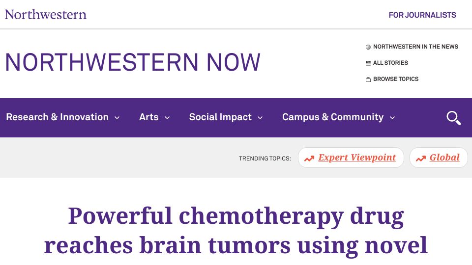 Screenshot of news.northwestern.edu: Chemotherapy drug reaches brain tumors using novel ultrasound technology