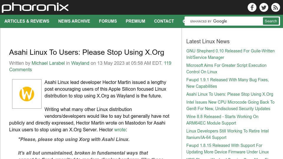 Screenshot of phoronix.com: Asahi Linux to Users: Please Stop Using X.org