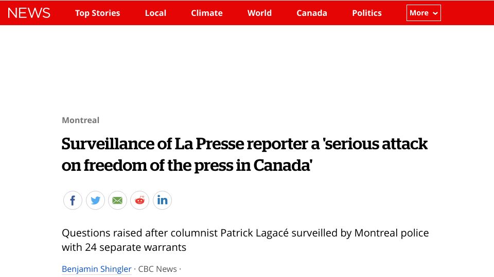 Screenshot of cbc.ca: Surveillance of reporter a 'serious attack on freedom of the press in Canada'