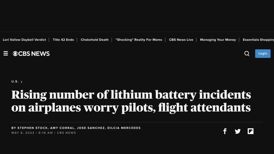 Screenshot of cbsnews.com: Rising number of lithium battery incidents on airplanes worry crew