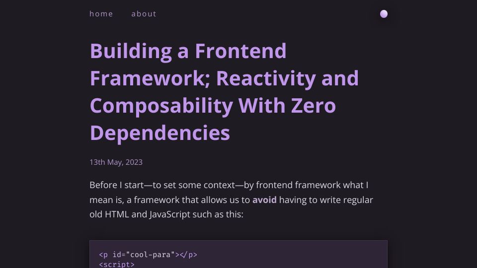Screenshot of 18alan.space: Building a front end framework – Reactivity, composability with no dependencies