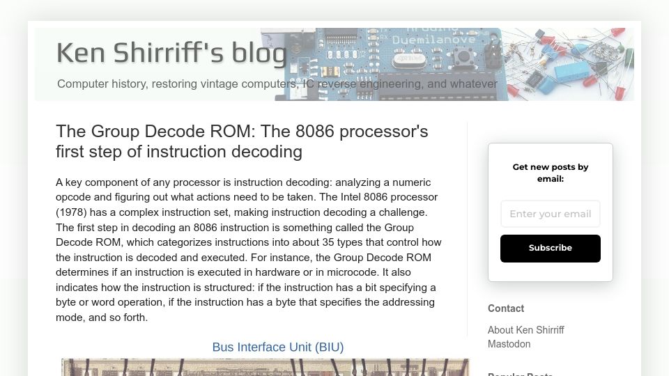 Screenshot of righto.com: The Group Decode ROM: The 8086 processor's first step of instruction decoding