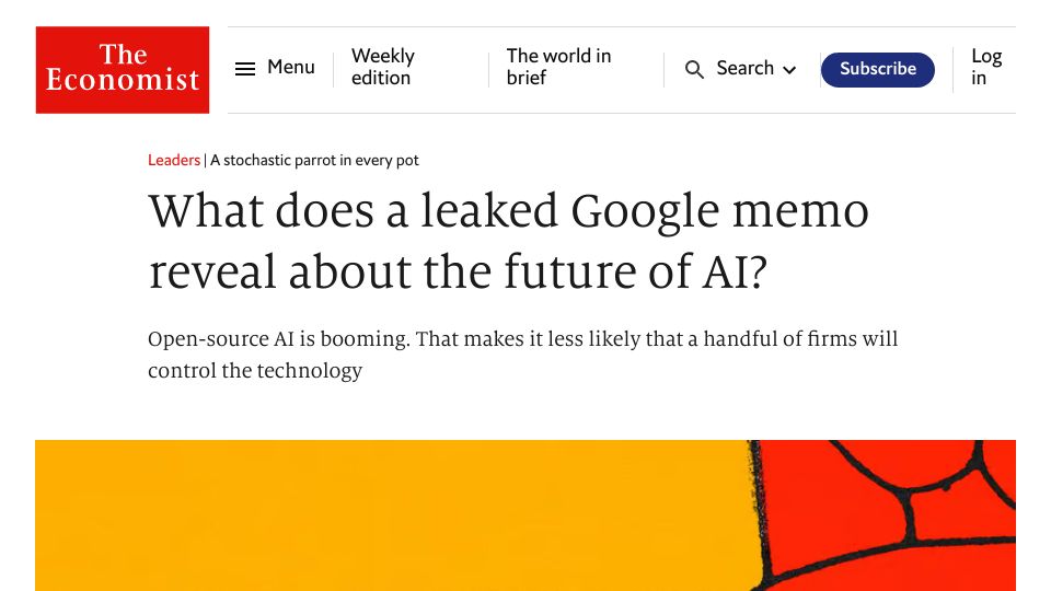 Screenshot of economist.com: What does a leaked Google memo reveal about the future of AI?
