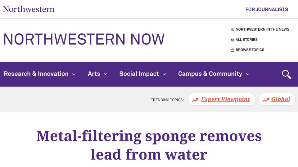 Screenshot of news.northwestern.edu: Metal-filtering sponge removes lead from water