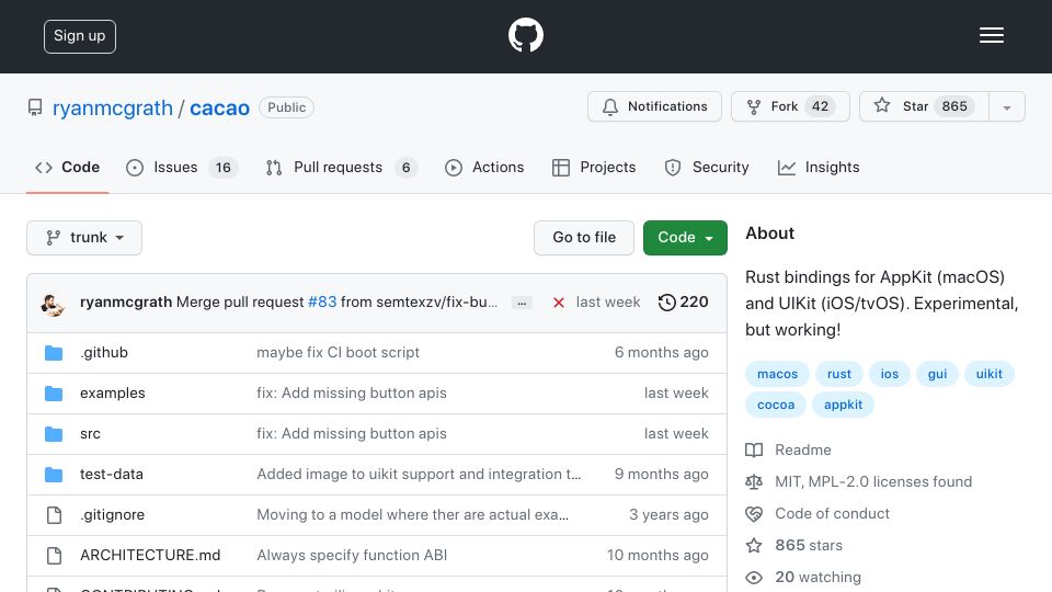 Screenshot of github.com: macOS Apps in Rust