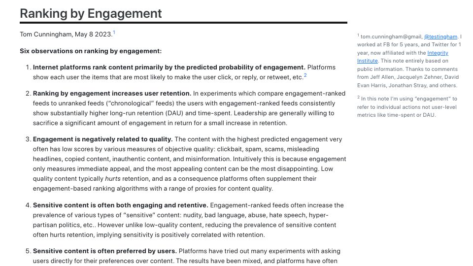 Screenshot of tecunningham.github.io: Ranking by Engagement