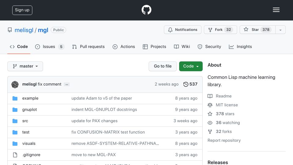 Screenshot of github.com: MGL: Common Lisp machine learning library