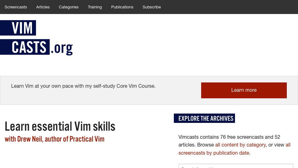Screenshot of vimcasts.org: Vimcasts – Free screencasts about the text editor Vim