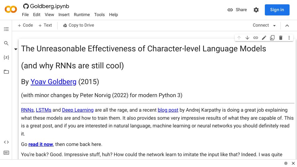 Screenshot of colab.research.google.com: The unreasonable effectiveness of character-level language models (2015)