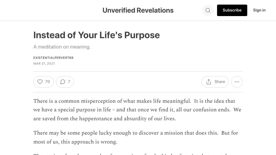 Screenshot of philosophyinhell.substack.com: Instead of your Life's Purpose (2021)