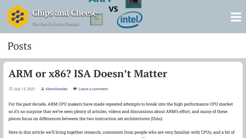 Screenshot of chipsandcheese.com: ARM or x86? ISA Doesn’t Matter (2021)