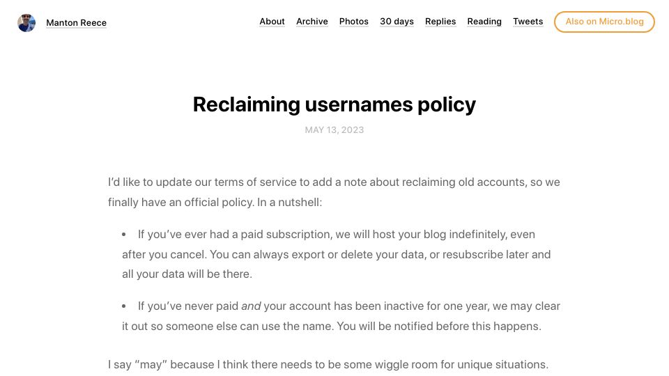 Screenshot of manton.org: Micro.blog Reclaiming Usernames Policy