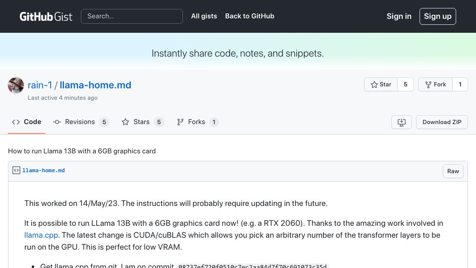 Screenshot of gist.github.com: Run Llama 13B with a 6GB graphics card