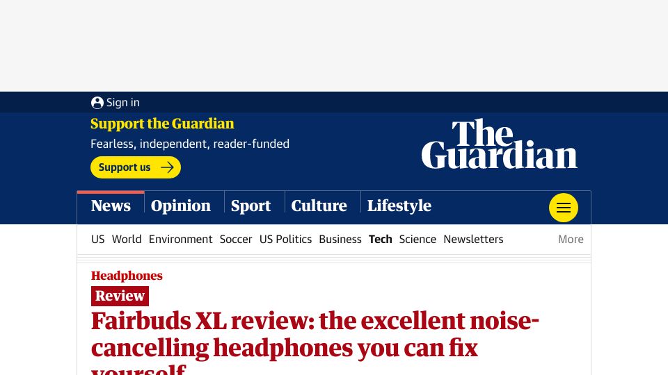 Screenshot of theguardian.com: Fairbuds XL review: noise-cancelling headphones you can fix