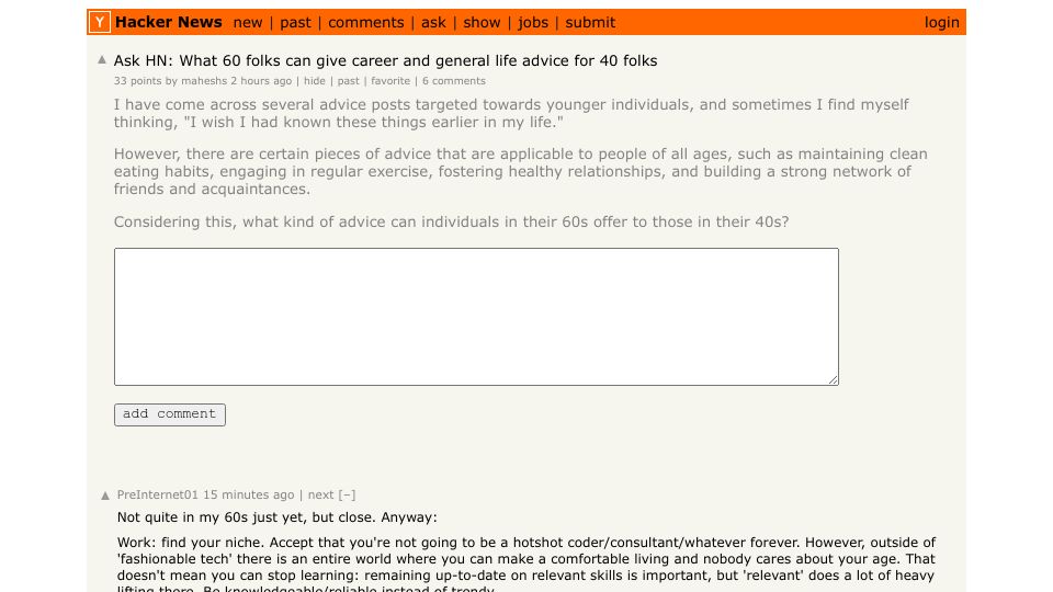 Screenshot of Hacker News post: Ask HN: What 60 folks can give career and general life advice for 40 folks