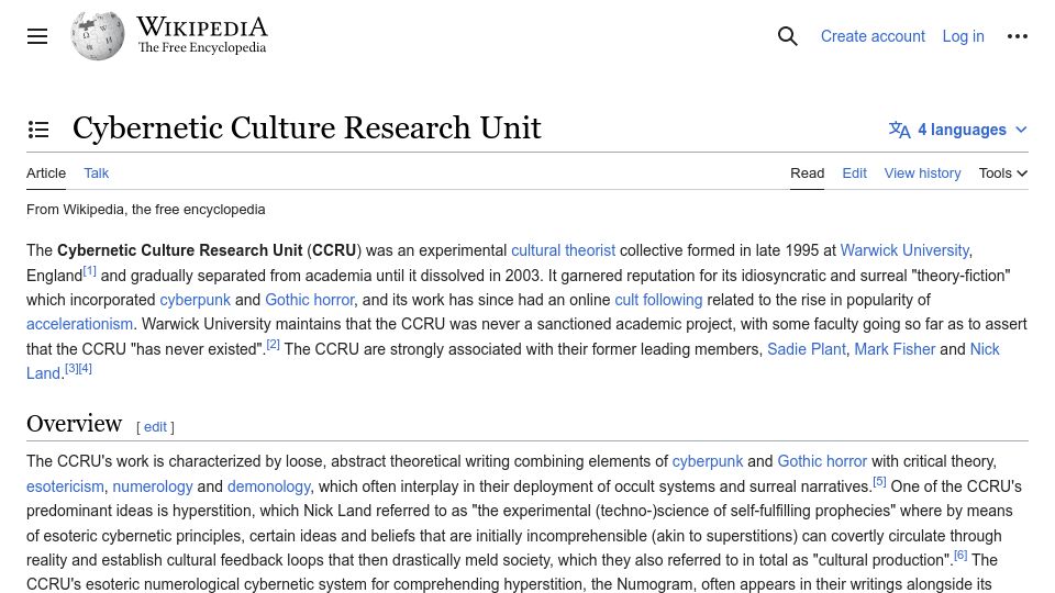 Screenshot of en.wikipedia.org: Cybernetic Culture Research Unit