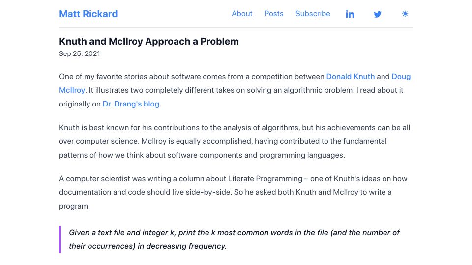 Screenshot of matt-rickard.com: Knuth and McIlroy Approach a Problem (2021)