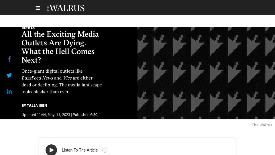 Screenshot of thewalrus.ca: All the Media Outlets Are Dying. What the Hell Comes Next?