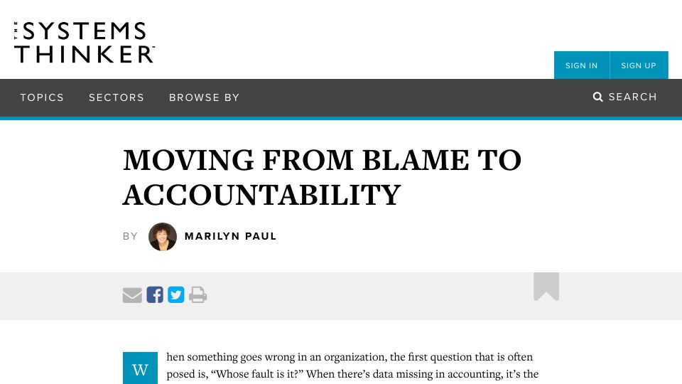 Screenshot of thesystemsthinker.com: Moving from Blame to Accountability (2017)