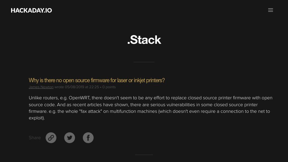 Screenshot of hackaday.io: Why is there no open source firmware for laser or inkjet printers? (2019)