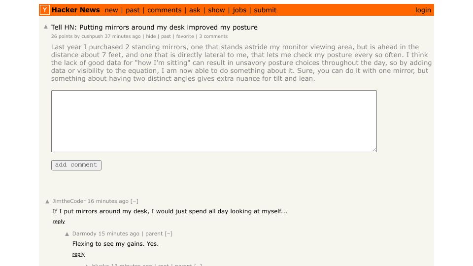 Screenshot of Hacker News post: Tell HN: Putting mirrors around my desk improved my posture