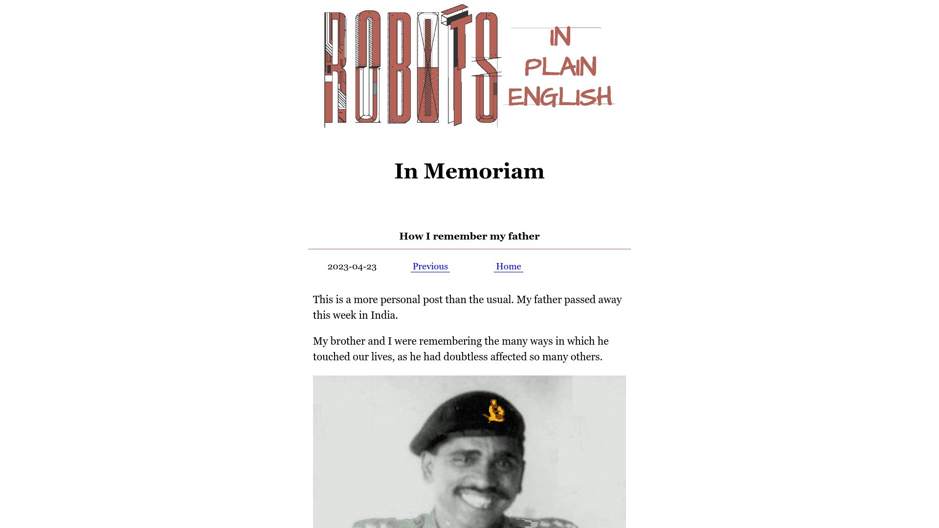 Screenshot of robotsinplainenglish.com: My dad built a cool thing but never boasted about it