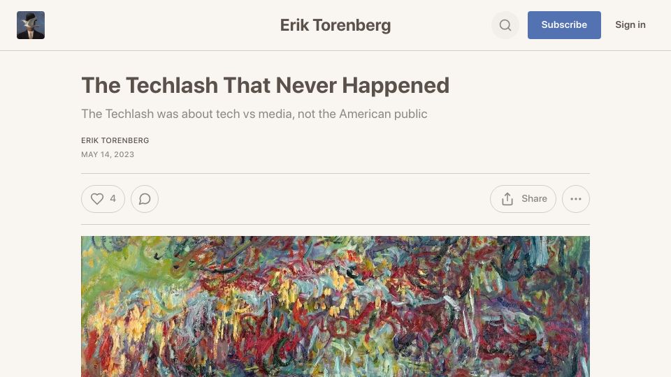 Screenshot of eriktorenberg.substack.com: The Techlash That Never Happened