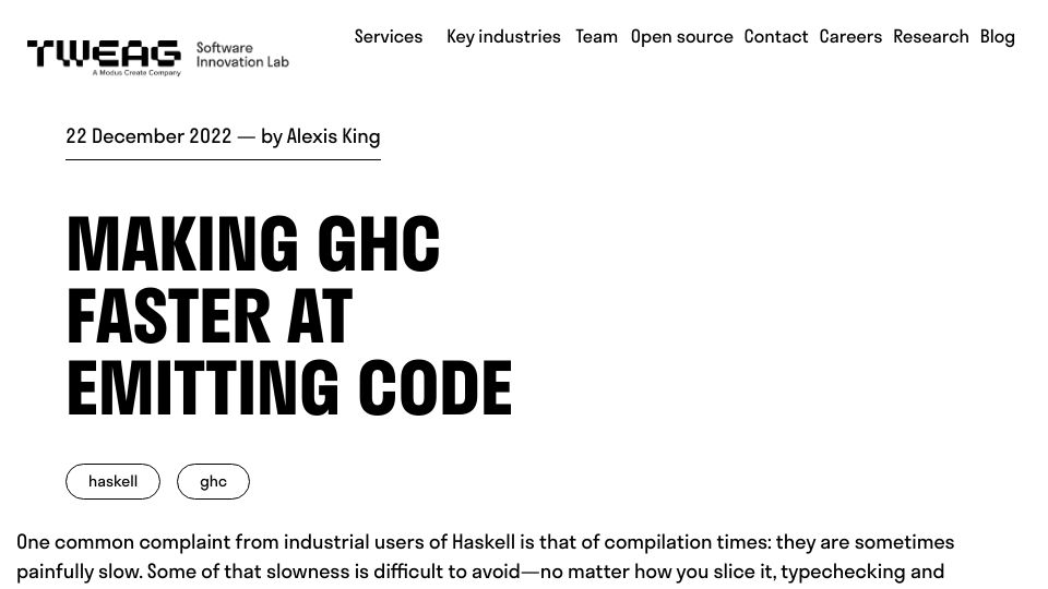 Screenshot of tweag.io: Making GHC faster at emitting code (2022)