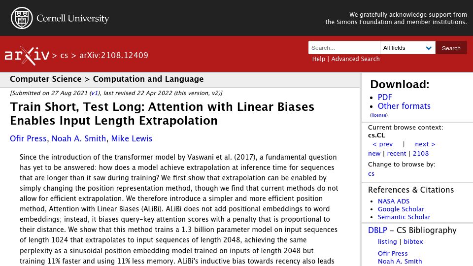 Screenshot of arxiv.org: Attention with Linear Biases (ALiBi)