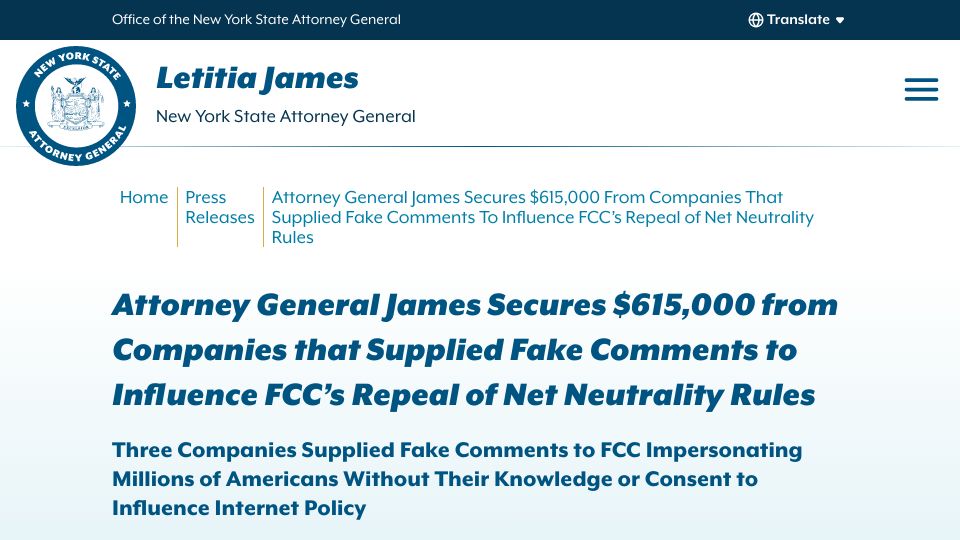 Screenshot of ag.ny.gov: Three Companies Impersonated Millions to Influence Internet Policy