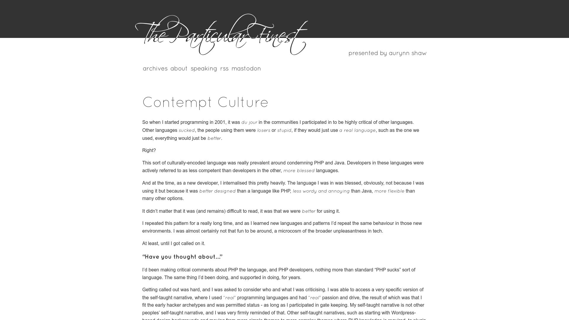 Screenshot of blog.aurynn.com: Contempt Culture (2015)