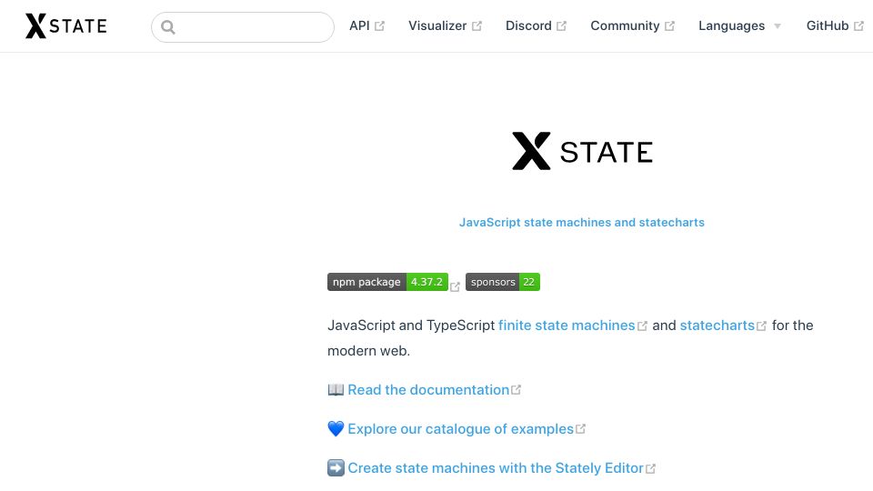 Screenshot of xstate.js.org: JavaScript state machines and statecharts