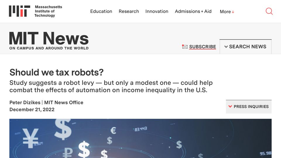 Screenshot of news.mit.edu: Should We Tax Robots?