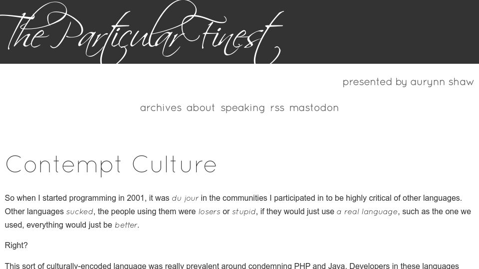 Screenshot of blog.aurynn.com: Contempt Culture (2015)