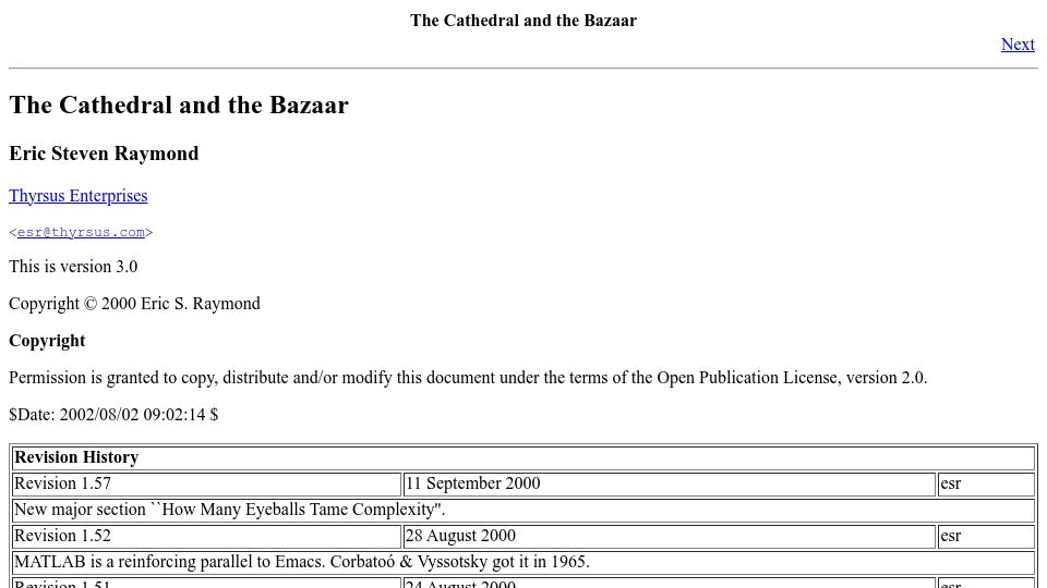 Screenshot of catb.org: The Cathedral and the Bazaar (1999)