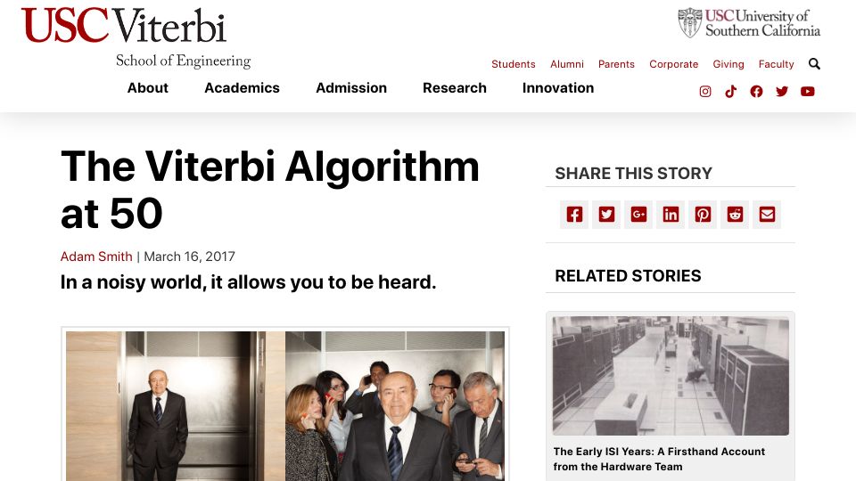 Screenshot of viterbischool.usc.edu: The Viterbi Algorithm at 50 (2017)