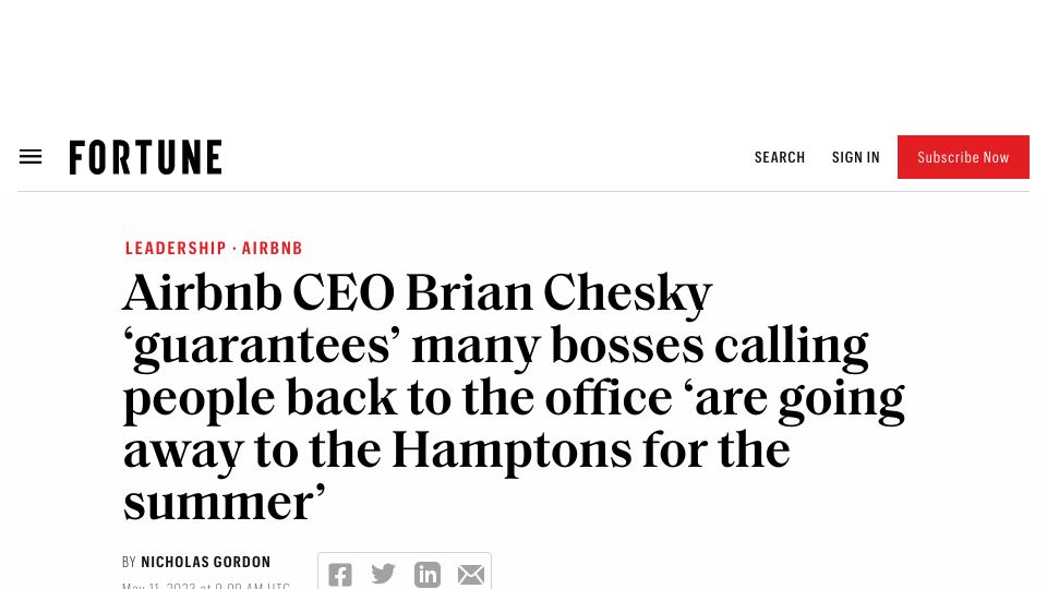 Screenshot of fortune.com: Brian Chesky: Ability to hire from anywhere is more valuable than in-office work