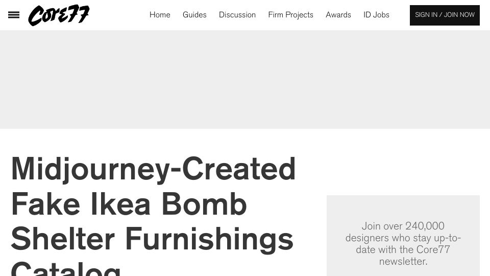 Screenshot of core77.com: IKEA bomb shelter furnishings catalog by Midjourney