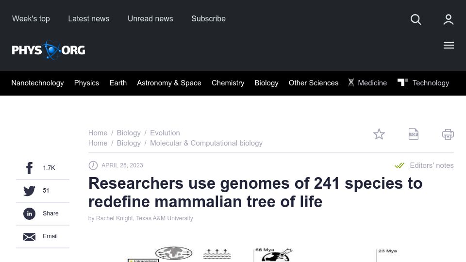 Screenshot of phys.org: Researchers use genomes of 241 species to redefine mammalian tree of life