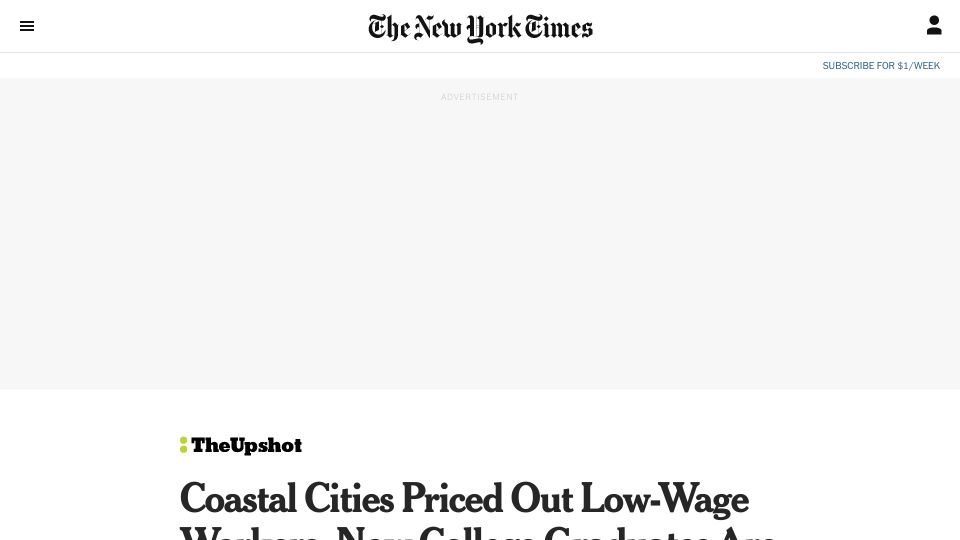 Screenshot of nytimes.com: Coastal Cities Priced Out Low-Wage Workers. Now College Graduates Are Leaving