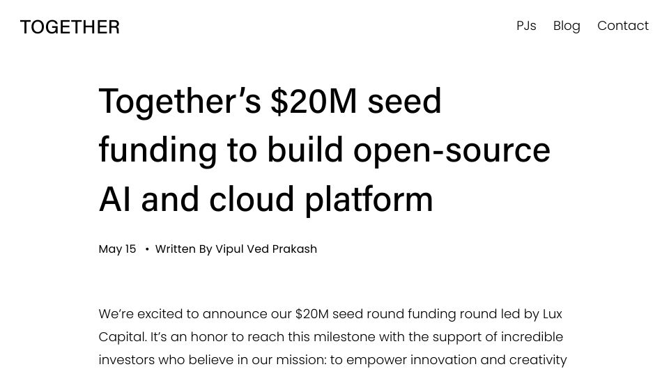 Screenshot of together.xyz: Together’s $20M seed funding to build open-source AI and cloud platform