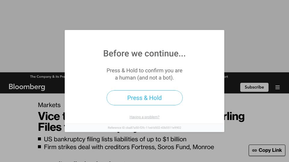 Screenshot of bloomberg.com: Vice files for Bankruptcy