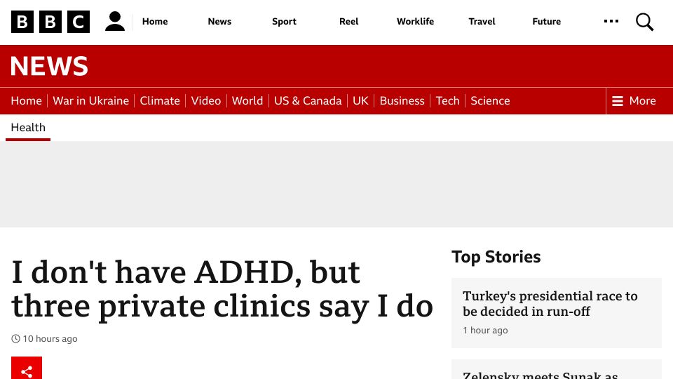Screenshot of bbc.co.uk: I don't have ADHD, but three private clinics say I do, and offered me medication