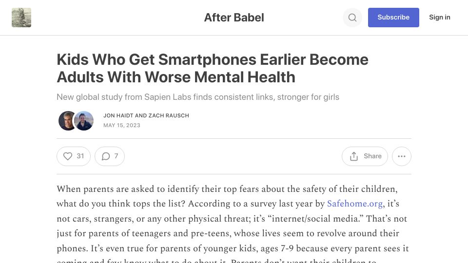 Screenshot of jonathanhaidt.substack.com: Kids who get smartphones earlier become adults with worse mental health