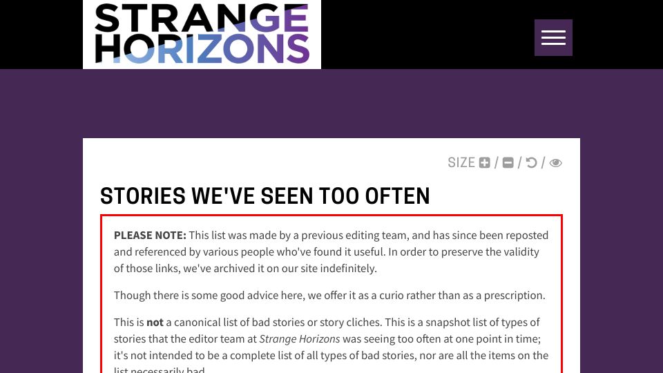 Screenshot of strangehorizons.com: Stories We’ve Seen Too Often